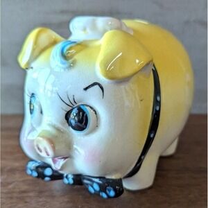 Anthropomorphic Piggy Bank, Yellow Ceramic, 6 1/2" x 4 1/4", PAC Japan, Crazing